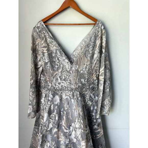 Mac Duggal 20214 Long Sleeve Bead Applique Gown Size 16 Grey Multi Floral NWT - Picture 7 of 16